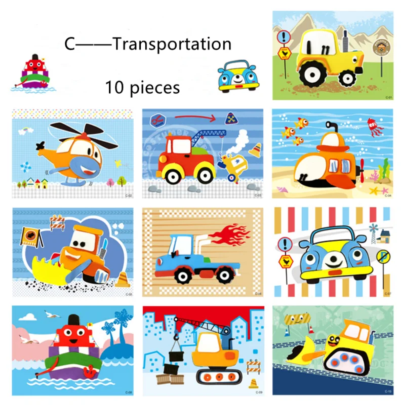 

10 Pieces Of EVA Foam Handmade Stickers DIY Cartoon Animal Traffic Jigsaw Puzzle Paste Painting Educational Toys For Children