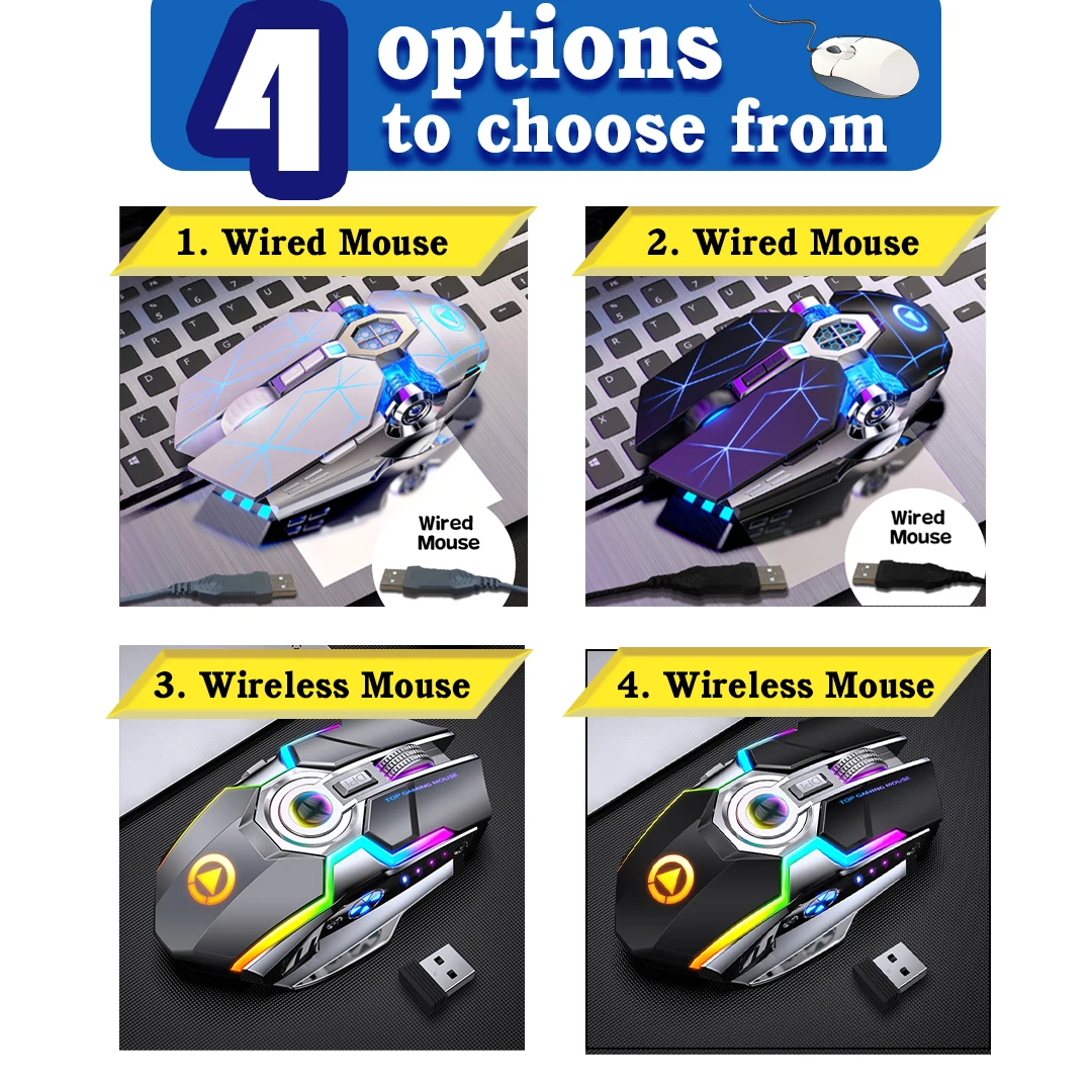 

Gaming Mouse Rechargeable Wireless Mouse Silent 1600 DPI Ergonomic 7 Keys RGB LED Backlit 2.4G USB Optical For Laptop Computer