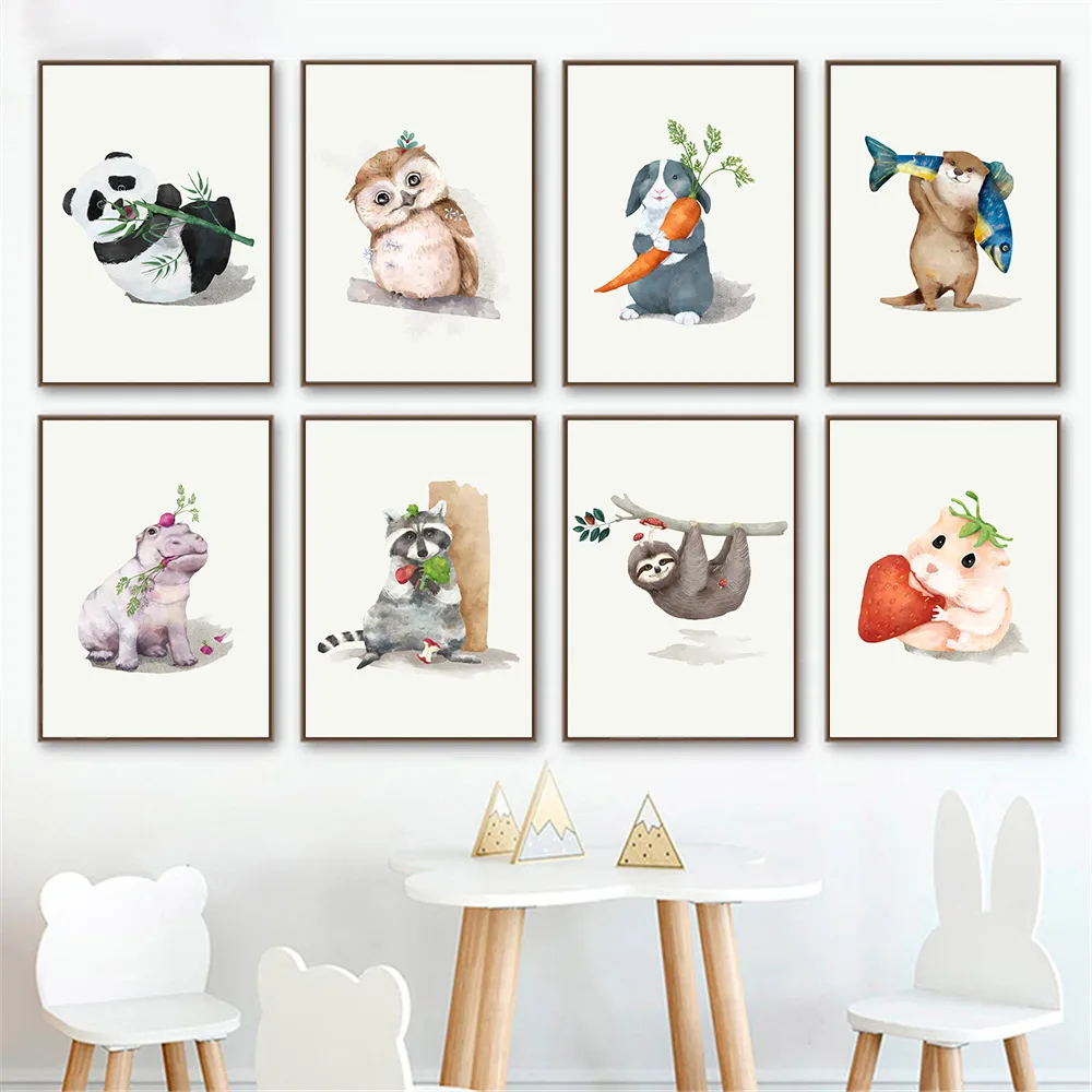 

Nordic Woodland Animal Canvas Print Poster Panda Owl Rabbit Raccoon Wall Art Painting Nursery Wall Pictures Kids Baby Room Decor