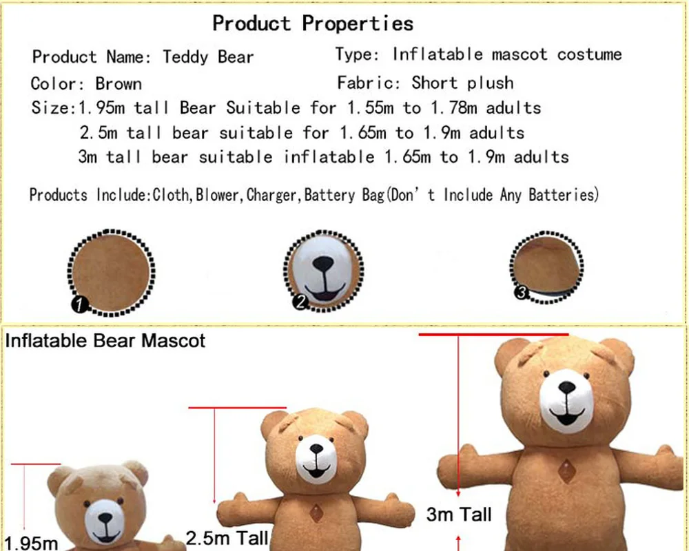 

2.5m/3m Inflatable Teddy Bear Mascot Costume Suits Cosplay Party Game Dress Outfits Advertising Carnival Halloween Xmas Adults