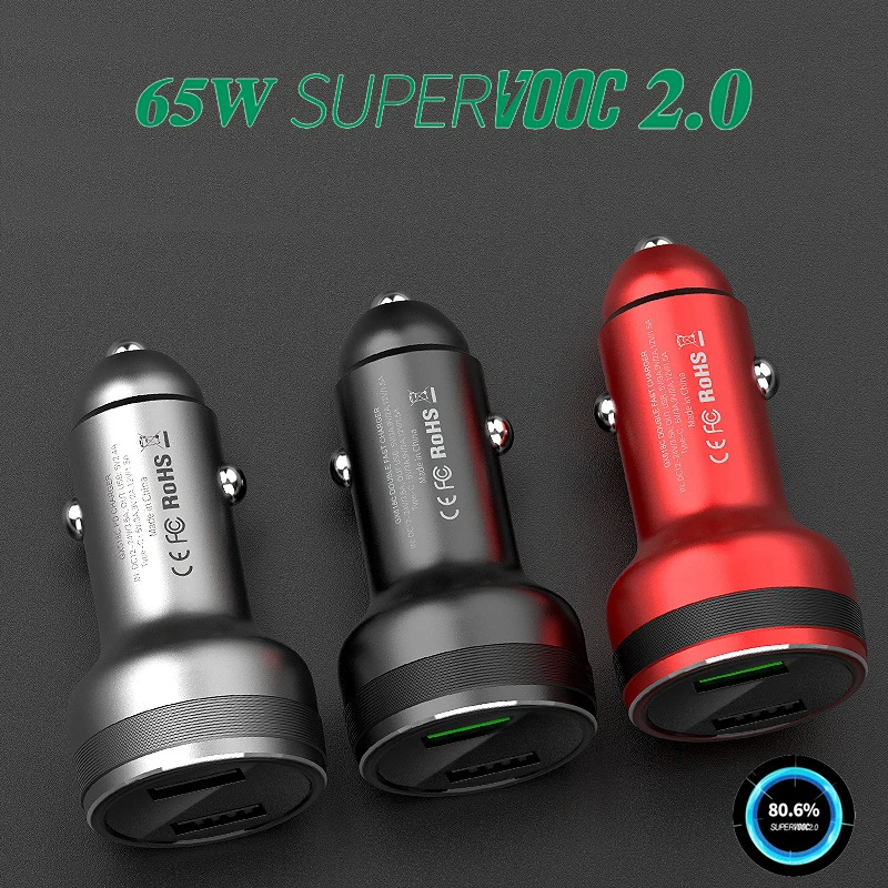 

65W SUPERVOOC 2.0 Car Charger Fast Car Charging Type-C Cable For OPPO Find X2 Pro Reno 5 5G 3 4 Pro Ace 2 X20 Realme X50Pro RX17