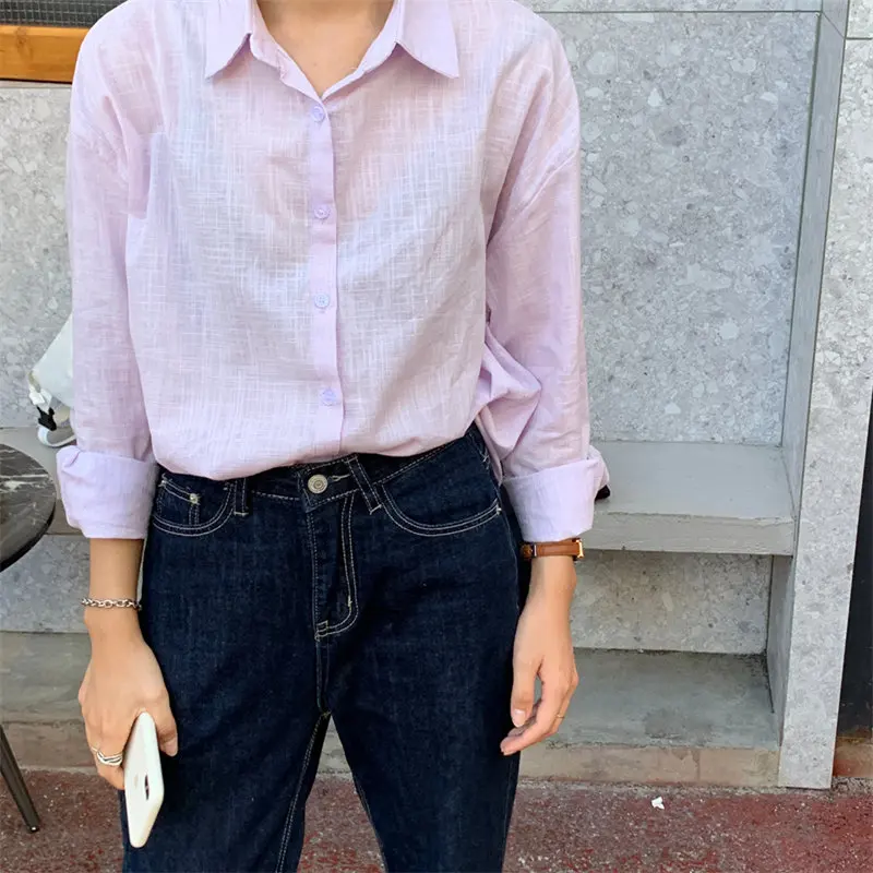 

HziriP Simple Solid Color Loose Lazy Cotton Linen Korean Chic Summer Shirt 2021 All Match Brief Thin Hot Sunscreen Tops Blouses