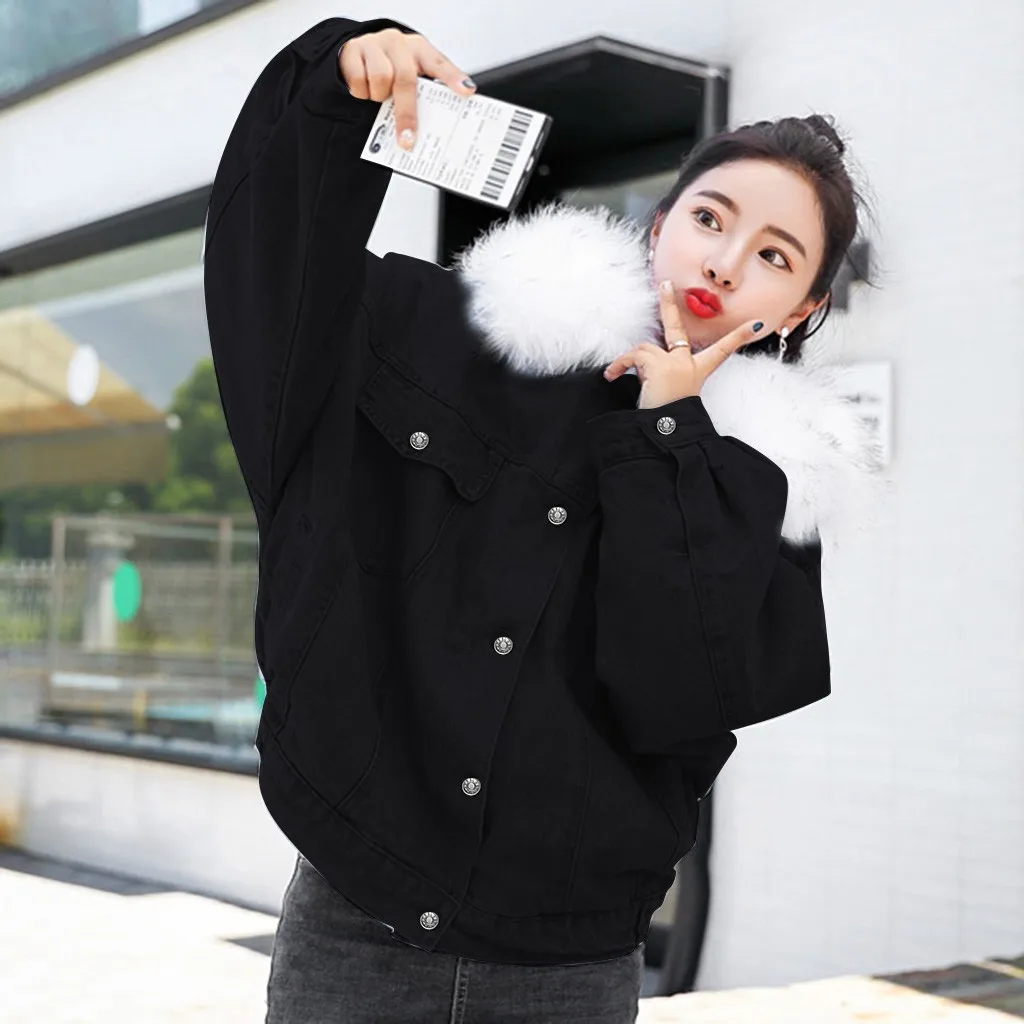 

KANCOOLD velvet thick denim jacket female winter big fur collar Korean locomotive lamb coat female student short coat