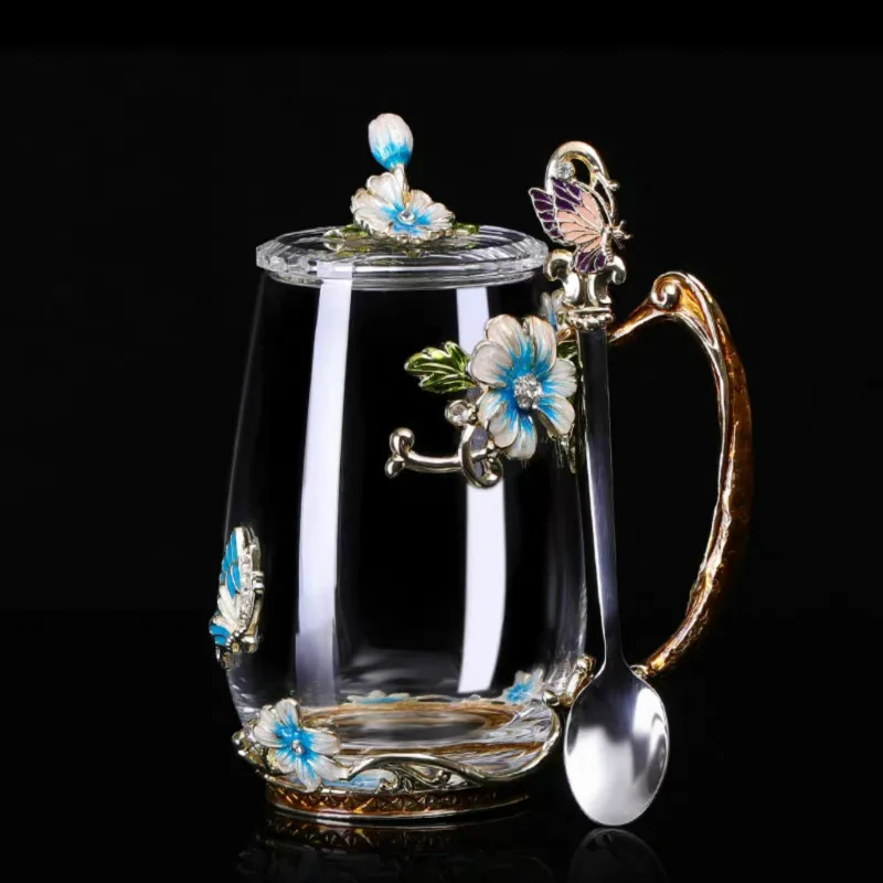 1cup1spoon1Lid Blue Красота и Новинка эмалированная кофейная чашка кружка цветочный чай стеклянные чашки для горячих и холодных напитков чайная чашка ложка Набор идеальный свадебный подарок - Цвет: 1cup1spoon1Lid Blue