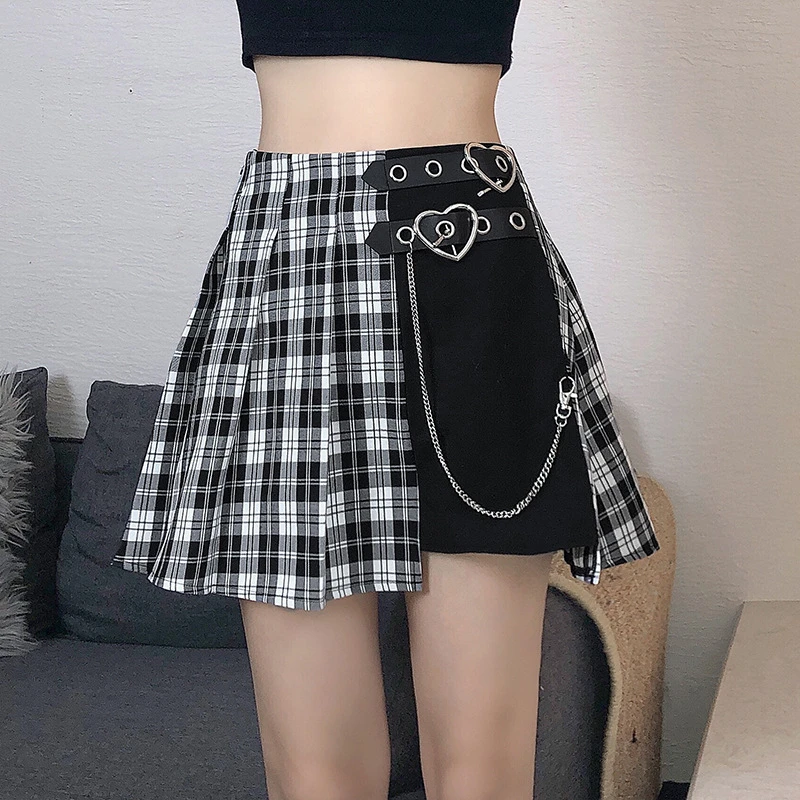 

Kawaii Patchwork Plaid Mall Goth Emo Y2k Pleated Mini Skirt for Women Plus Size High Waisted Black White Plaid Egirl Chain Skirt