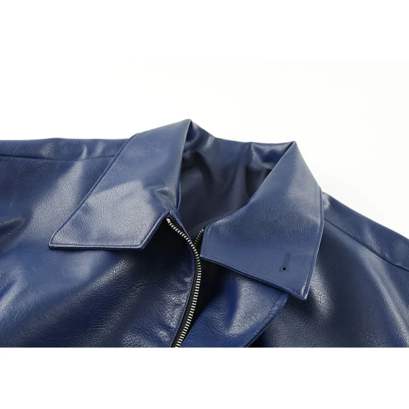 Spring Faux Leather Cropped Jacket Coat Women's Biker Moto Streetwear Chic Design Black Blue Fashion Baggy Female Leather Jacket enlarge