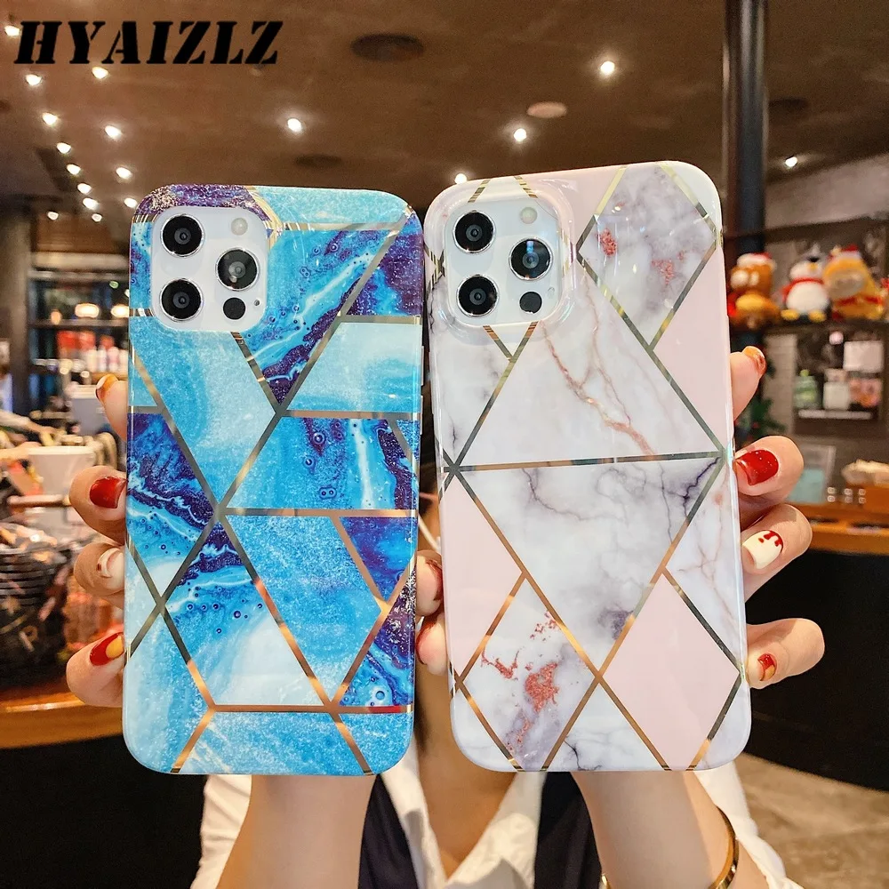 

Geometric Marble Phone Cases for iPhone SE 2020 12 Mini 11 Pro Max XS X XR 6S 7 8 Plus Glossy Plating Line Soft IMD Back Cover