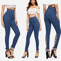 denim women pants skinny high waist calf strap lace up hole stretch fashion ladies slim pencil trousers 2021