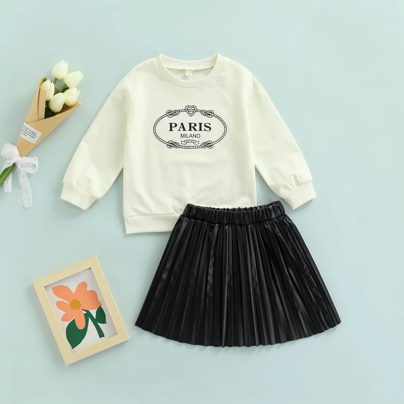 

Детский костюм из свитшота и юбки для девочек на весну и осень, пуловер с длинным рукавом и буквенным принтом, топы, однотонный комплект из к...