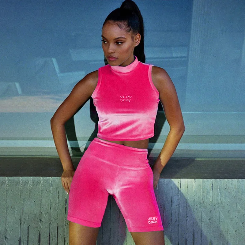 

2 Pieces Sweat Suit Set for Women Letter Print Velvet High Turtleneck Sleeveless Crop Top+High waist Shorts Pants Tracksuit Sets