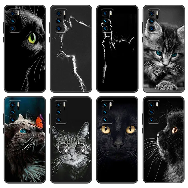 Black Cat Staring Eye Case For Huawei P50 P40 P30 P20 Pro P10 P9 P8 Lite 2017 P Smart Z S 2021 2020 Pro 2019 2018 Black Cover