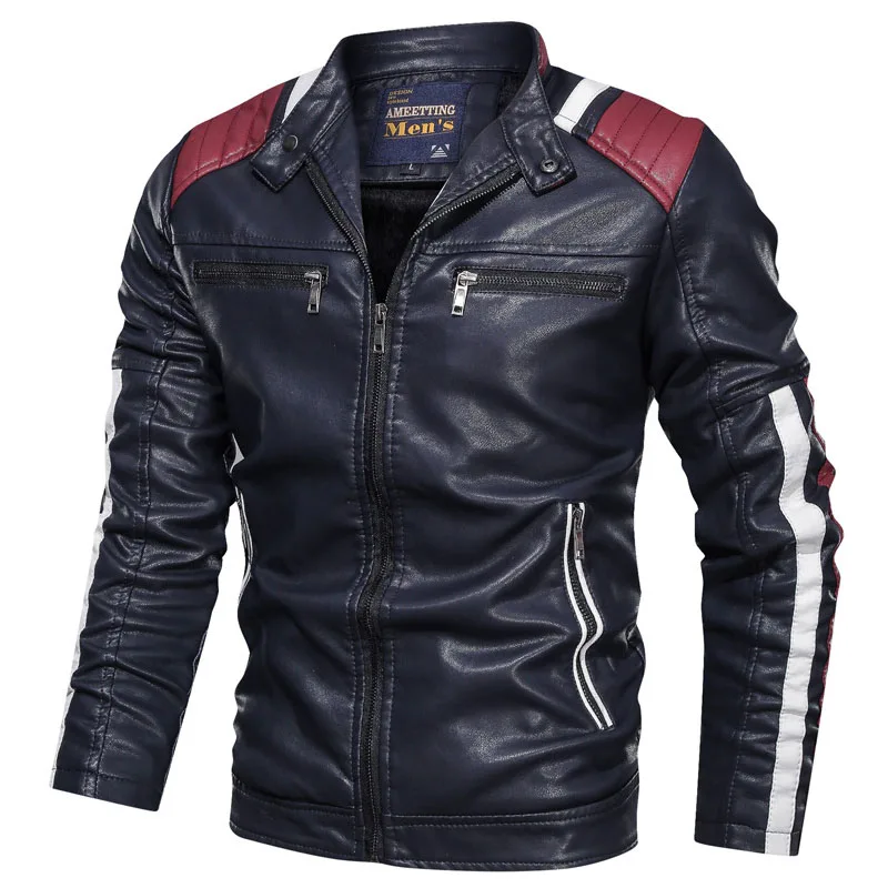 Куртка мужская кожаная с воротником-стойкой повседневный приталенный бомбер в