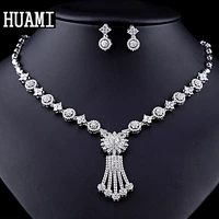 huami round drop earrings necklace women jewelry sets bridal tassel pendant aaa zircon bead chian gift for girlfriend bijoux