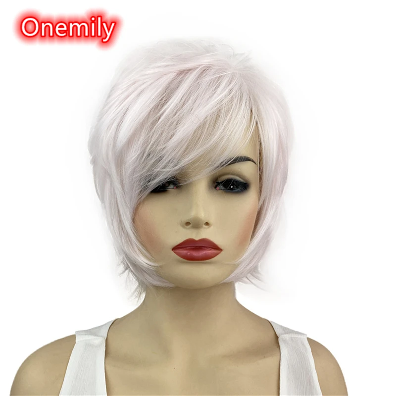 

Парик из синтетических волос Onemily, короткий, прямой, термостойкий, с боковой челкой, светло-розовый, белый