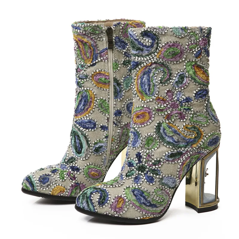

Autumn Winter New Retro Ethnic Style Women's Boots Fashion Embroidered Pointed Toe Hollow Metal Ladies High Heel Large Size34-43