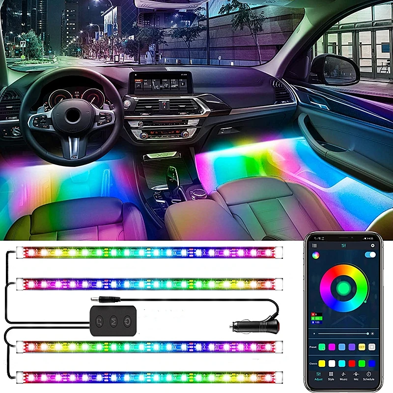 Car Atmosphere Light LED RGB Automotive Interior Decorative Lights Strip Car Foot Ambient Lamp With APP Remote/Voice