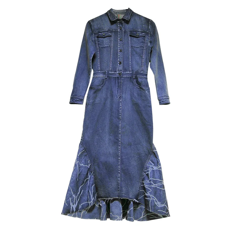 

Soft Denim Dress Spring Autumn Women Long Sleeve Turn Collar Vintage Slim Splice Mermaid Dresses Female Long Dress