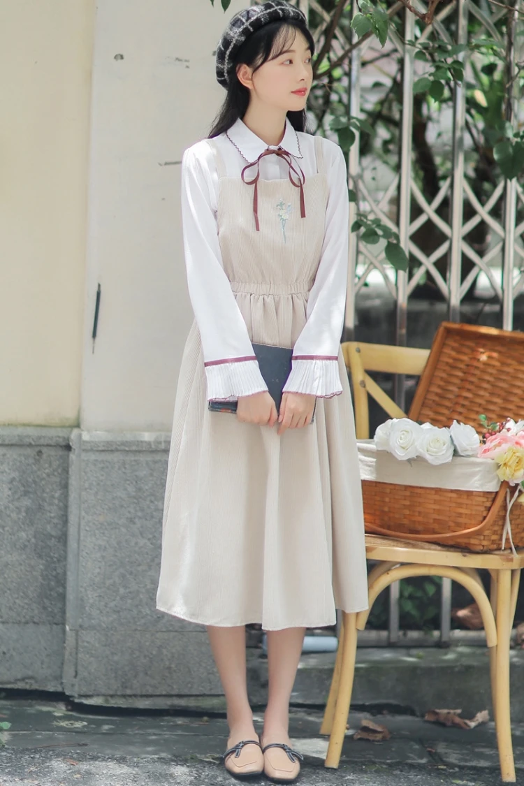 Новинка, Mori Girl, Осенний женский сарафан, бежевое, розовое, зеленое, синее, Цветочная вышивка, без рукавов, длинное платье, элегантное, винтажное, вельветовое платье