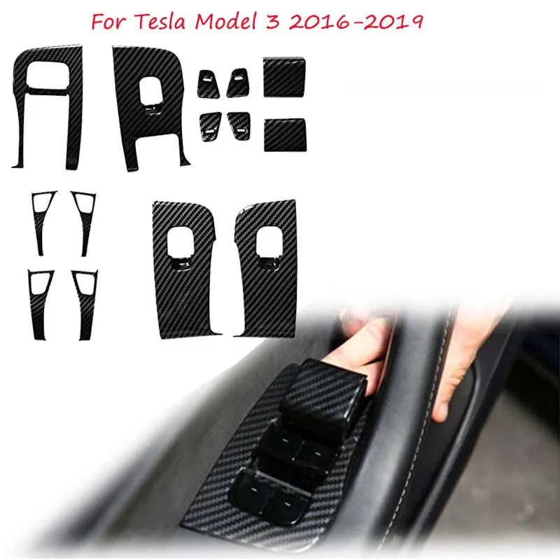 

Car Inner Door Handle Armrest Window Lift Button Frame Cover Decorative stickers For Tesla model 3 2016 2017 2018 2019 2020
