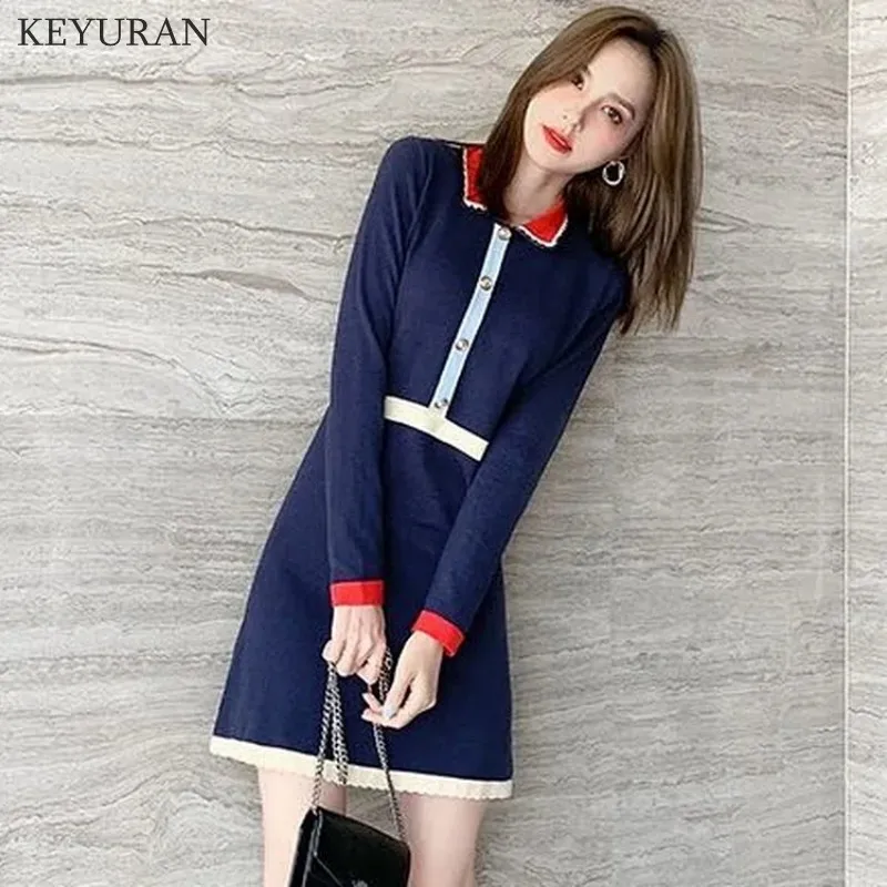 

Knitted Sweater Dress Womens 2021 Autumn New Vintage Office Korean Elegant Vestidos Slim Blue Long Sleeve Mini Knitting Dresses