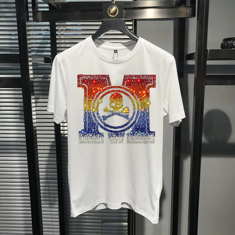 

2021 Men's Summer Handsome T-Shirt Personality Gradient Plus Size Short Sleeve Luminous Hot Diamond Top