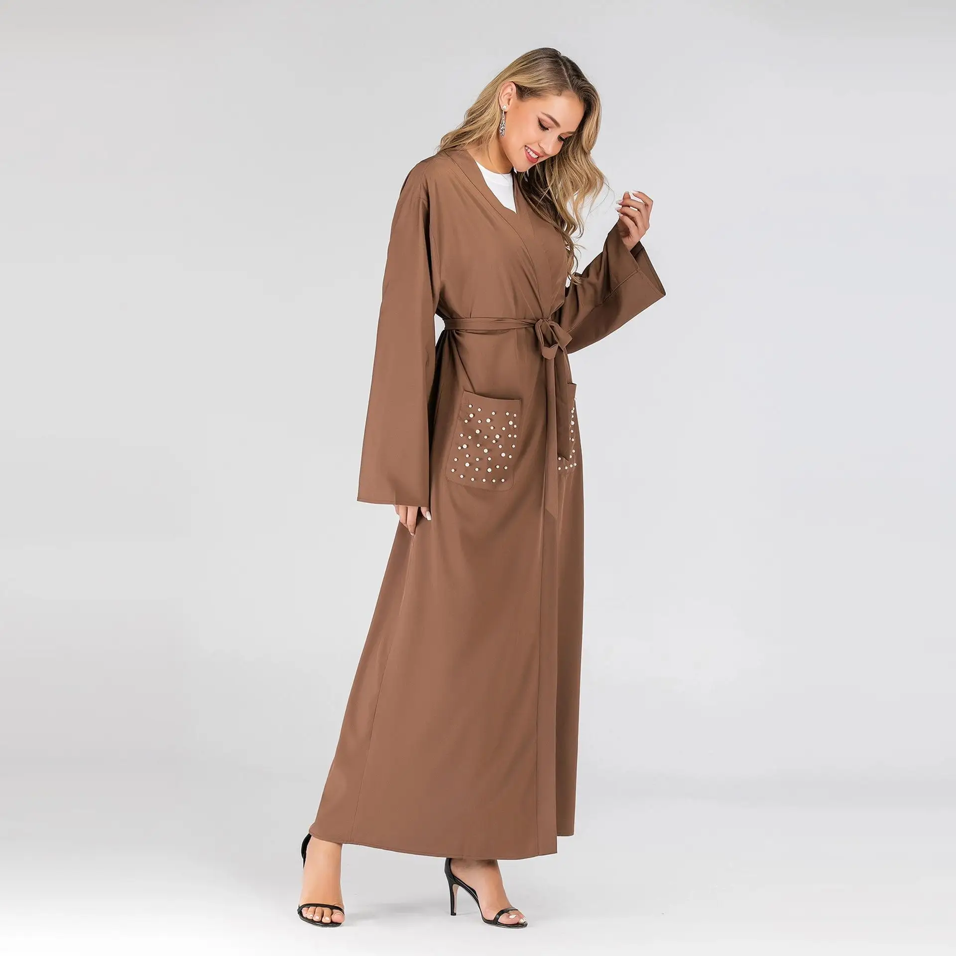 Dubai Muslim Abaya Women Open Cardigan Kimono Islamic Jilbab Kaftan Maxi Dresses Beading Pockets Arab Long Sleeve 2019 Autumn |