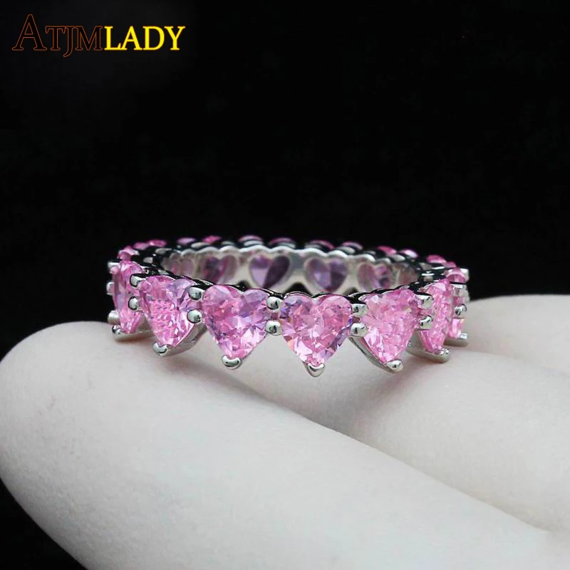 Pink White CZ Iced Out Bling Full Heart Cubic Zirconia Band Wedding Engagement Ring Valentine's Day Gift For Girlfriend