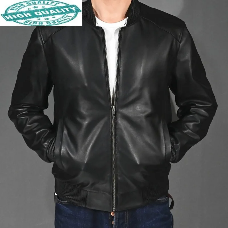 

Leather Genuine Spring Autumn Natural Sheepskin Coat Baseball Bomber Jacket Men Chaqueta Cuero Hombre KJ6223