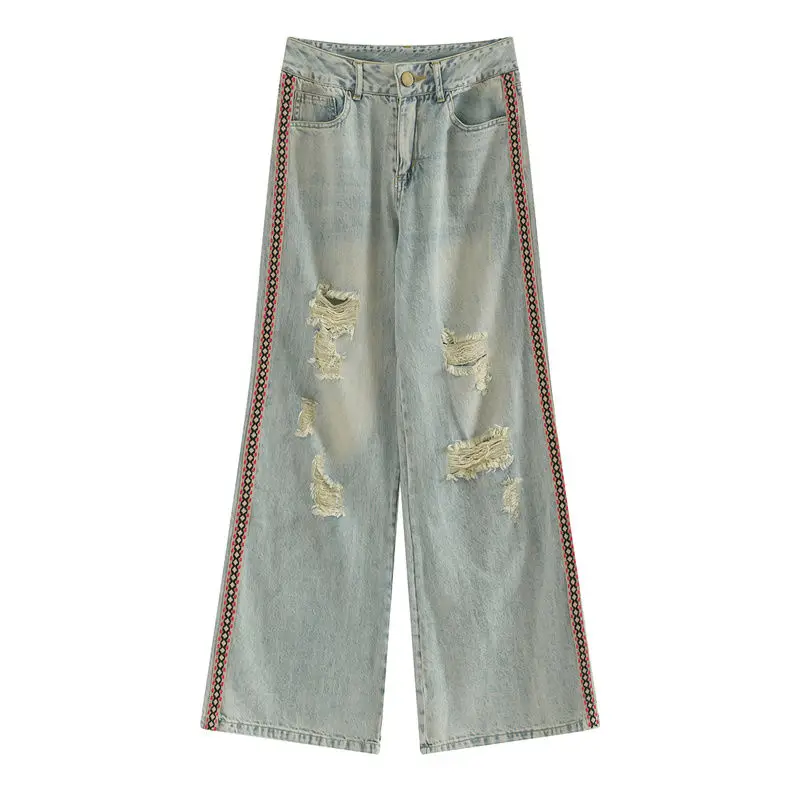 

Осенние женские брюки с высокой талией, рваные широкие джинсы, новинка 2021, модная свободная уличная одежда, простая художественная ретро од...