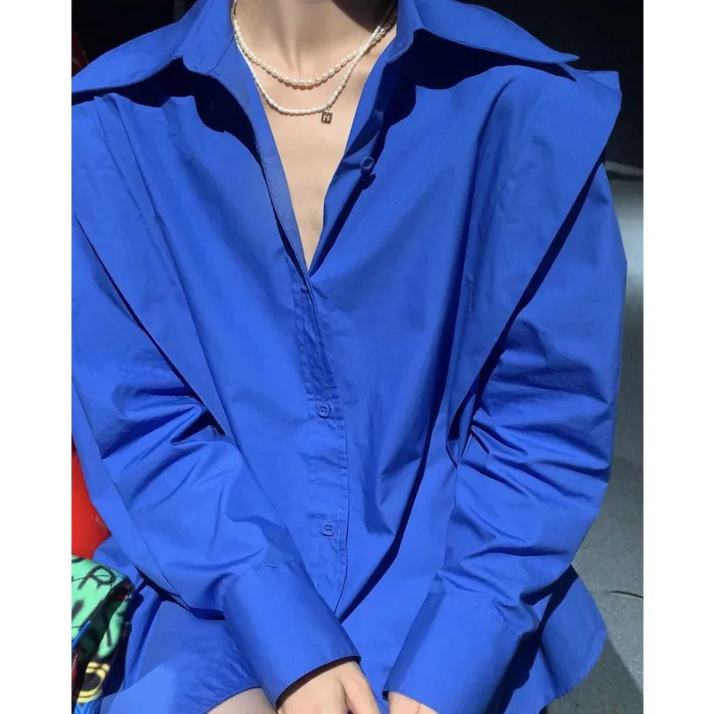 

Autumn Korean Office Lady Blouse Elegant Peter Pan Collar Klein Blue Collared Shirt Vintage Asymmetrical Top Ruffles Women Dress