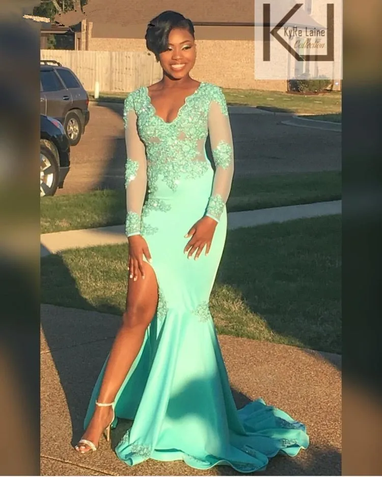 

African Black Girls Mermaid Prom Dresses 2019 with Lace Beaded Long Sleeves V Neck Split Elastic Satin