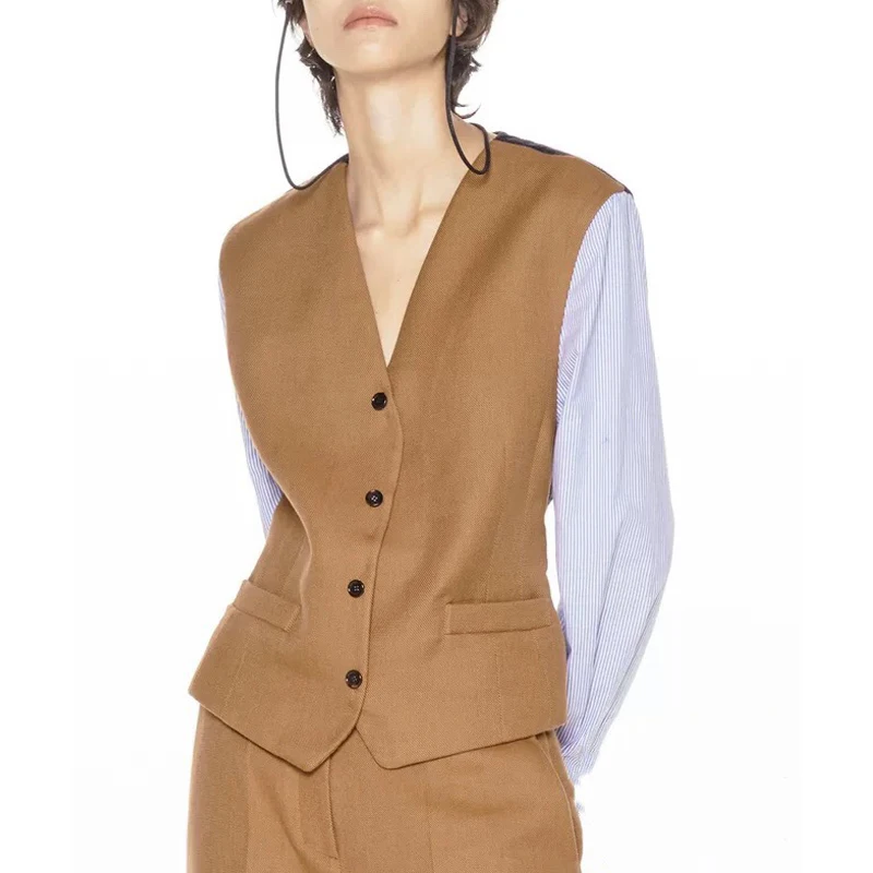 

2021 Новинка осени 10,26, женское платье с v-образным воротом, в полоску с контрастной Цвет лоскутное однобортное пальто на пуговицах с длинным р...