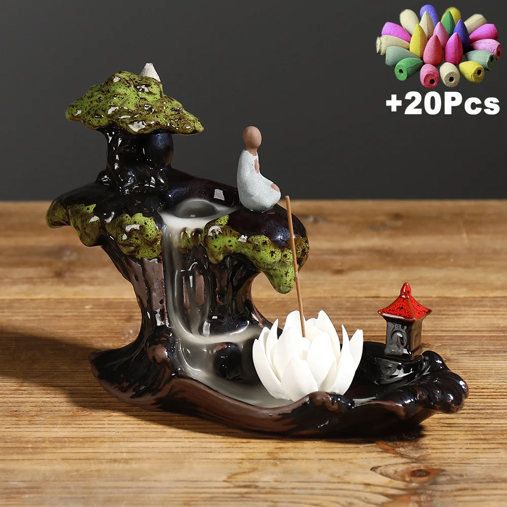 Благовония в виде белого лотоса с керамическим водопадом|Благовония и