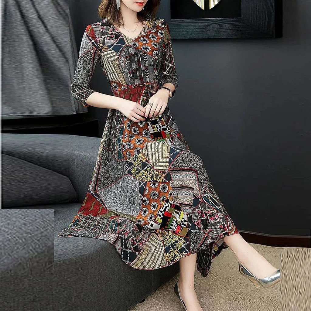 Женское Цветочное платье с V-образным вырезом и рукавом 3/4 | Женская одежда