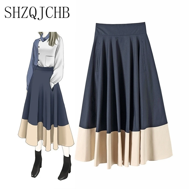

Fashion Europe Autumn Winter New Designer High Waist Color Block Casual Party Pleated Midi Skirts Women