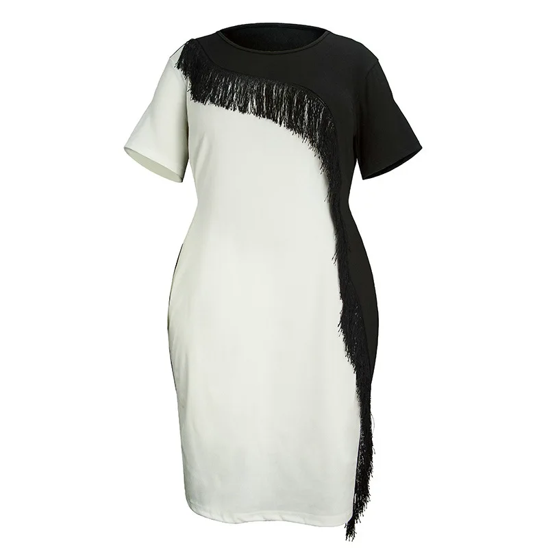 

Europe and the United States Large Size Dress Cross-Border Temperament Fringe Contrast Splicing round Neck Short Sleeve Dress