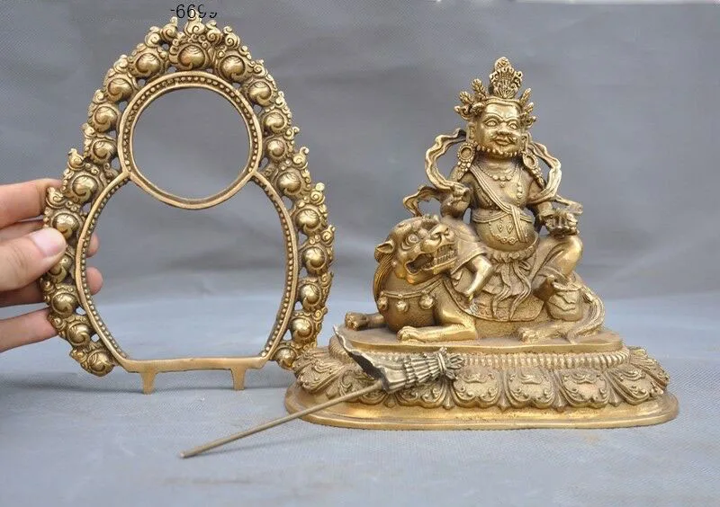 

wedding decoration 8" Tibet Buddhism brass Ride Beast Yellow Jambhala Wealth God Buddha Statue