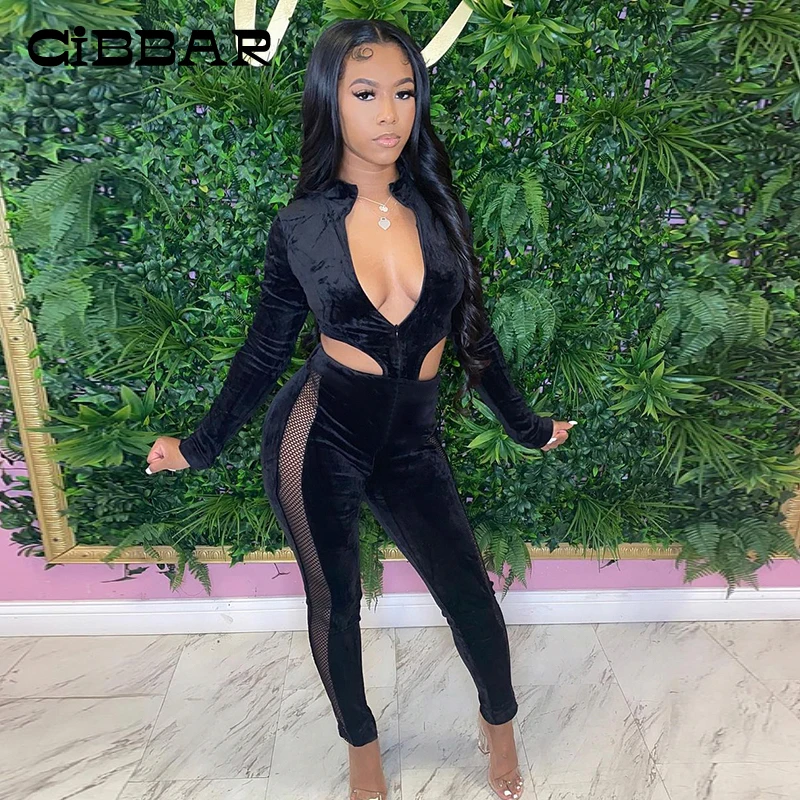 

CIBBAR Skinny Hollow Out Velour Patchwork Mesh Solid Jumpsuits Women Deep V Neck Sexy Bodycon Long Sleeve Clubwear Overalls New