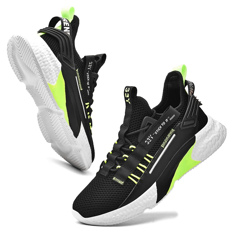 

Men Running Shoes New Mesh Breathable Walking Sneakers High Quality Sport Tenis Flat Athletic Trainers Black Green Man Shoes 46