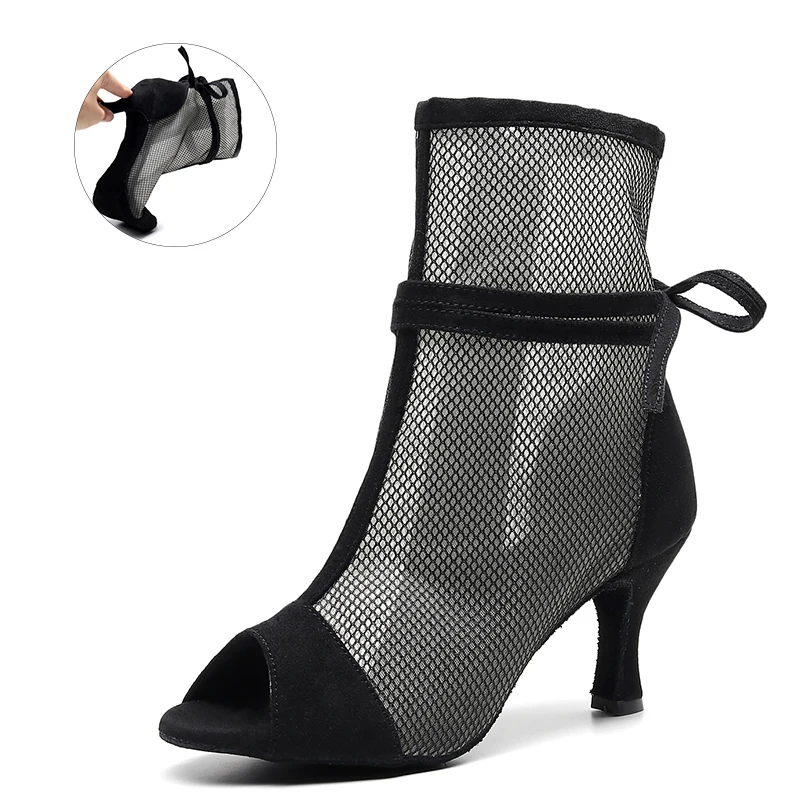 Women Black Red Yellow Ballroom Dance Boots Girls Mesh Soft Bottom Bachata Salsa Latin Dance Shoes for Ladies Open Toe Heels