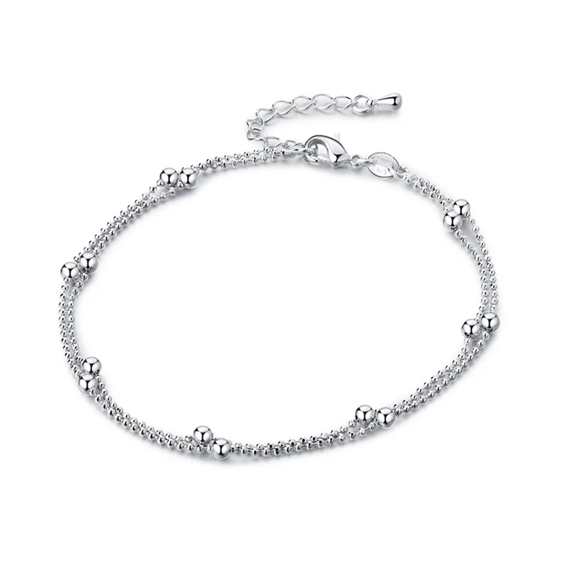 OMHXZJ Wholesale European Fashion Woman Girl Party Birthday Wedding Gift Sweet Beads Two Lines 925 Sterling Silver Anklet JL05 | Украшения