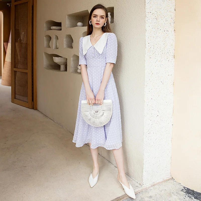 

New Arrival Vintage Summer Long Dress Elegant V-neck Short Sleeve Dress Empire Slim Mid-length Purple Dress 65735