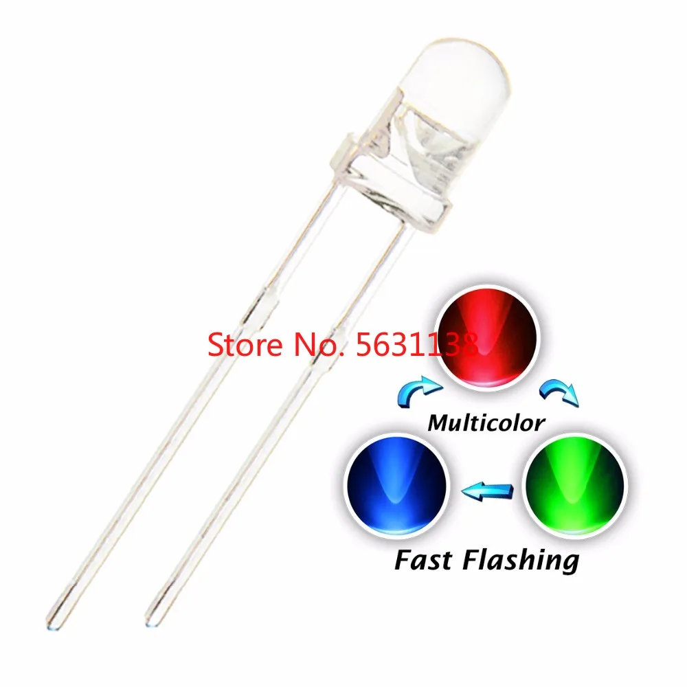 

100pcs F3 3mm RGB Fast Flash Water Clear Round Head DIP-2 LED chip Blinking Multicolor 20mA 3V Lamp Light Beads SELF-FLASHING