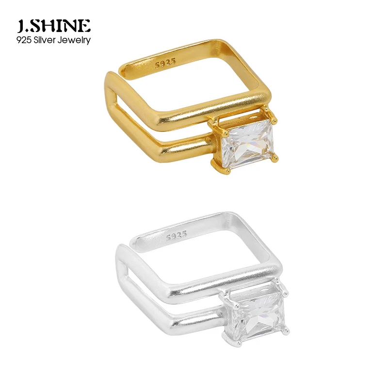 

JShine Temperament Big Square Zircon 100% S925 Sterling Silver Open Ring Adjustable Geometric Double Lines Matte Finger Rings