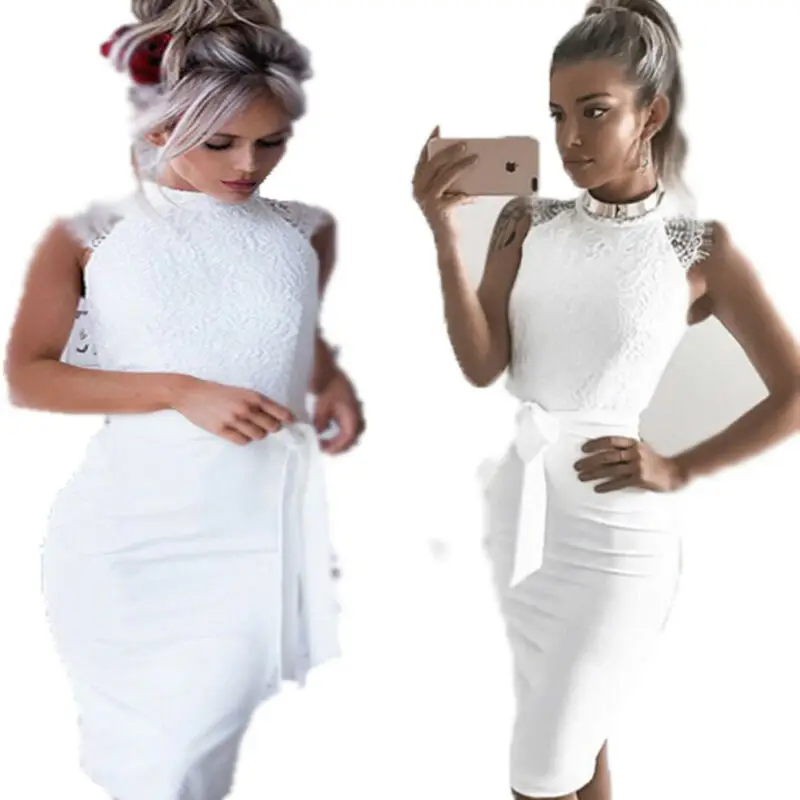 Women's Lace Sleeveless Bodycon Dress Fashion Formal Evening Party Club Wear Skinny Midi Solid White Color | Женская одежда