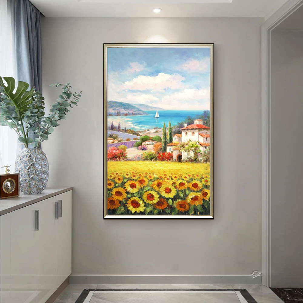 

Hand-Painted Oil Painting Sunflower Landscape Mediterranean Porch Painting Living Room Home Wall Decorative Painting Unframed