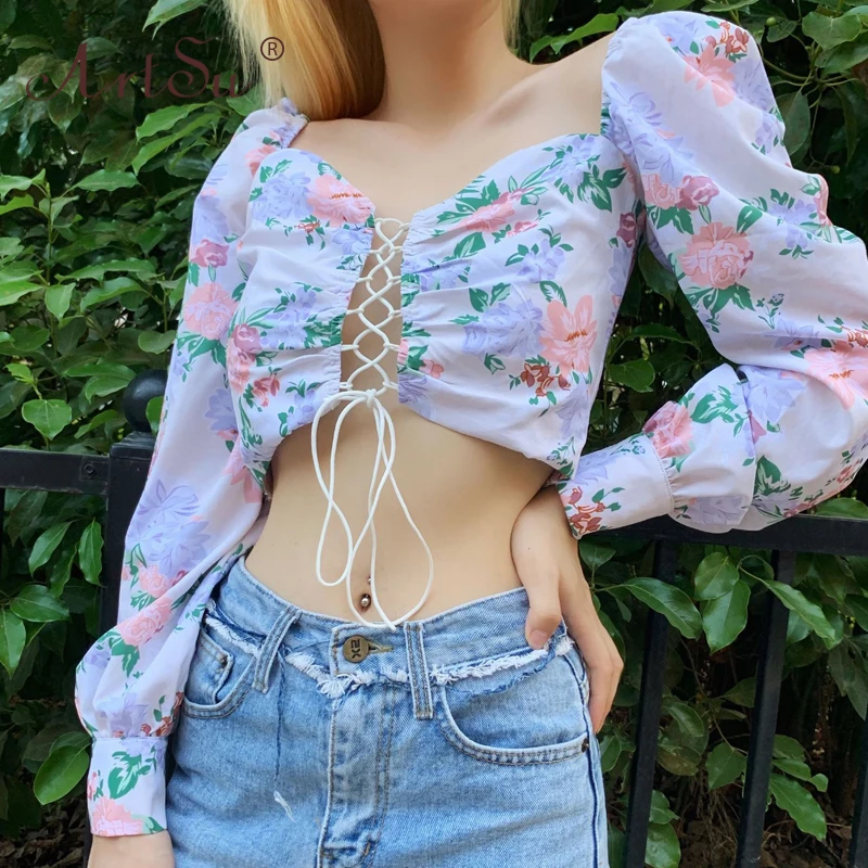 ArtSu сексуальный женский короткий топ с цветочным принтом Ретро стиль пышными