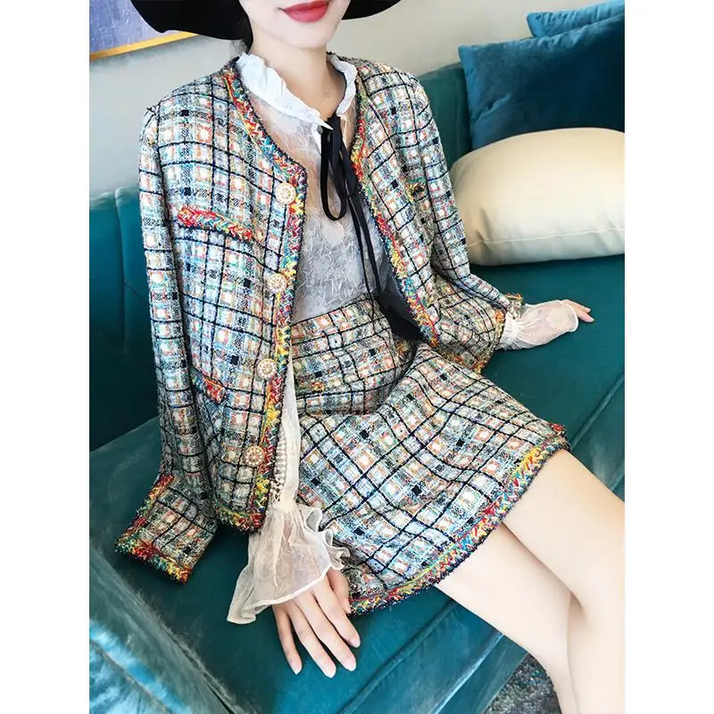 Осенне зимние женские сексуальные Твидовые костюмы модные топы + Юбки Комплекты