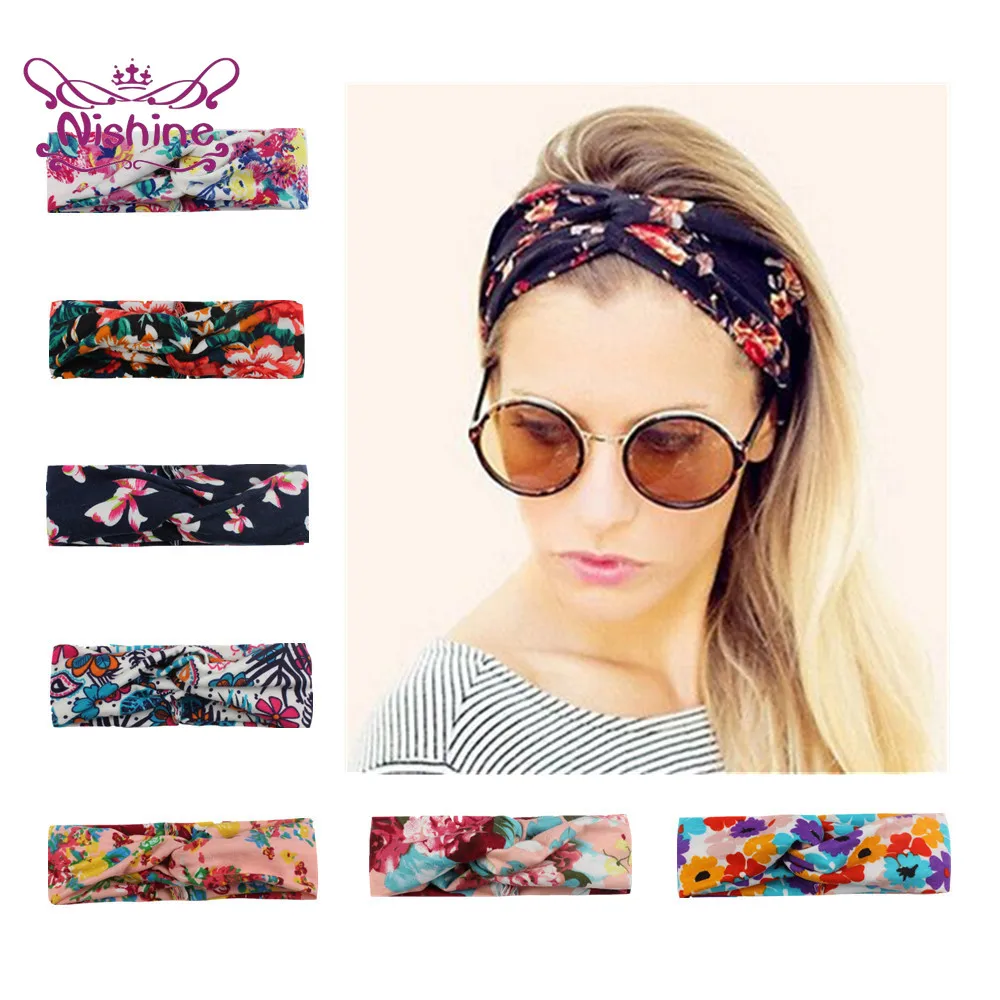 

Женская повязка на голову Nishine, эластичная, из полиэстера и хлопка, с цветочным узором, с перекрестным узором