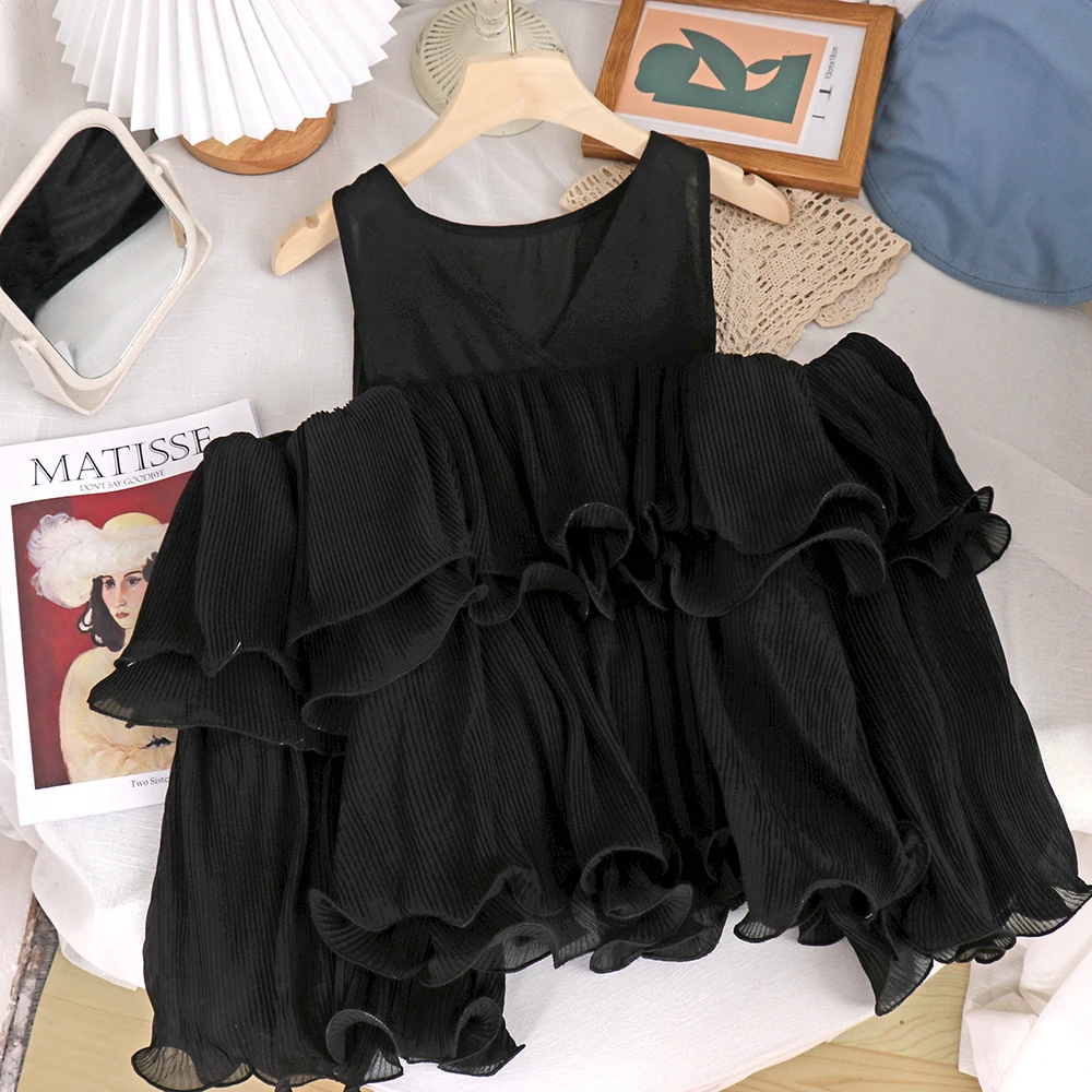

Summer Fashion Women Pleated Layered Ruffled Slimming All-Matching Chiffon Shirt Sleeveless Solid Color V-neck Blouse